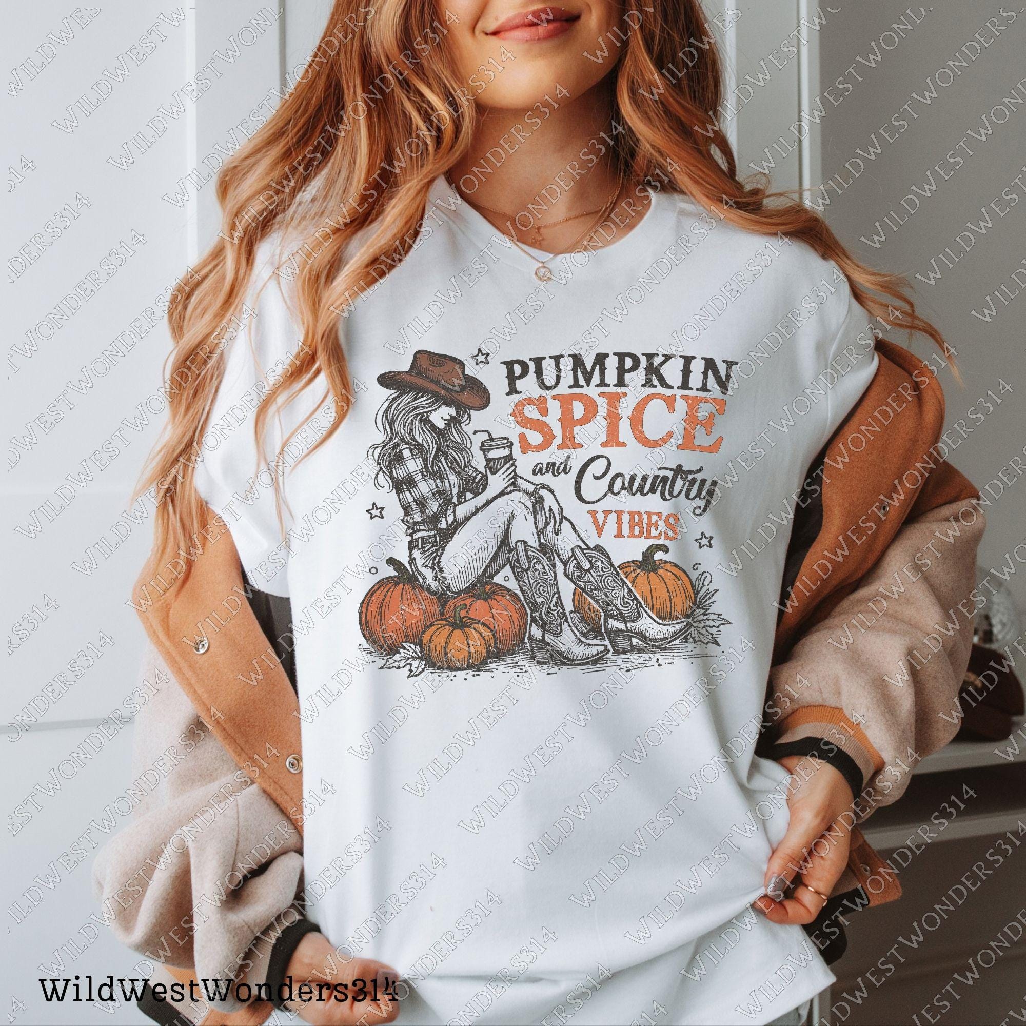 Pumpkin spice and country vibes Png, Fall shirt design, Retro fall sublimation design, Western fall Png, Western Cowgirl Pumpkin Png Digital