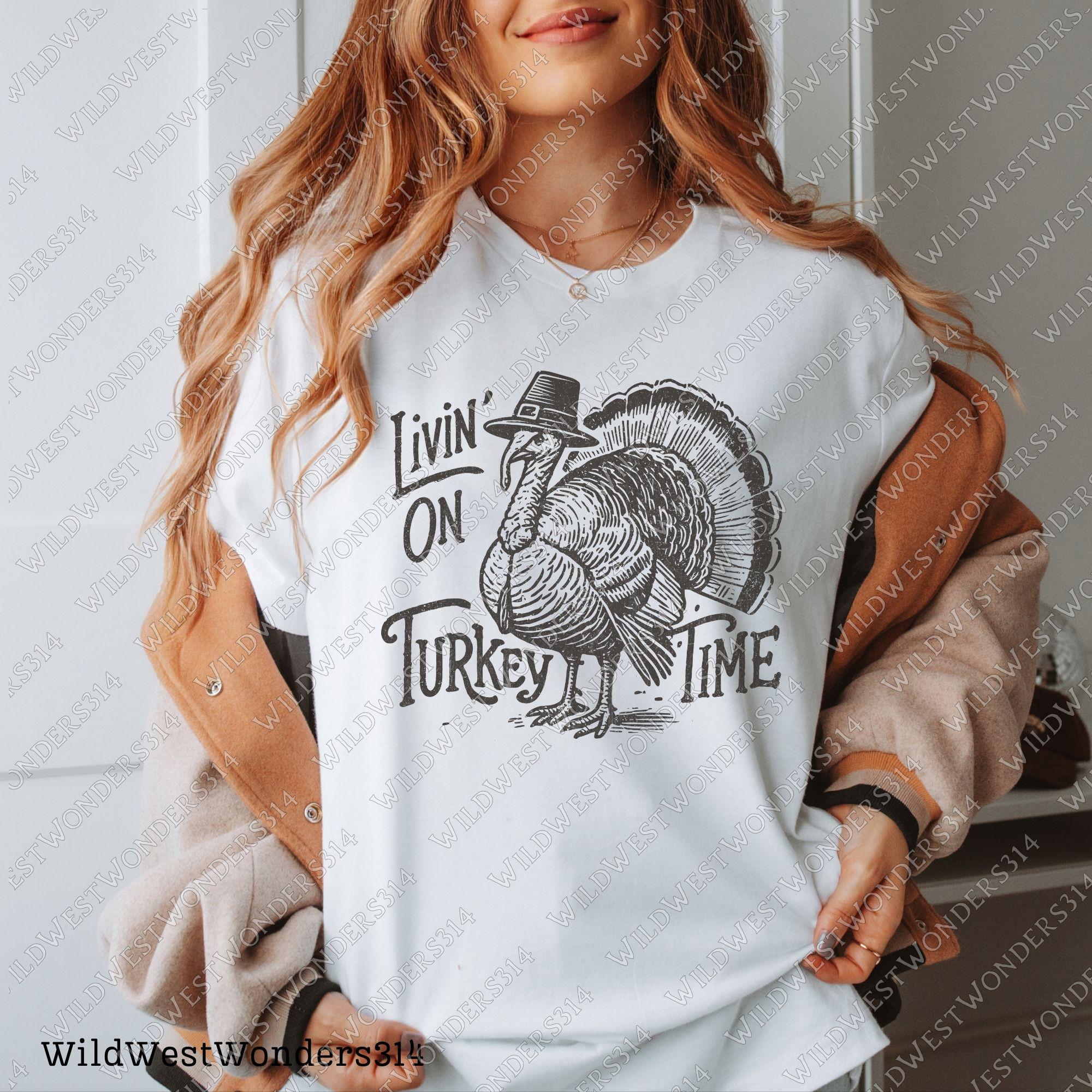 Livin' On Turkey Time Png, Fall sublimation design, Thanksgiving Turkey Png, Retro fall graphic, Fall shirt design, Trendy fall design