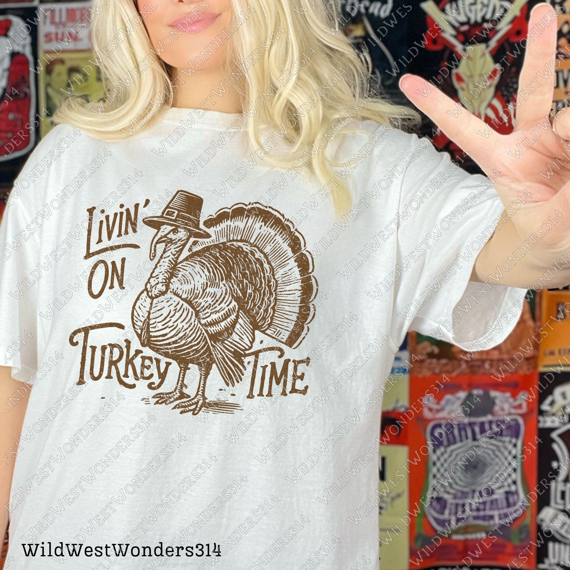 Livin' On Turkey Time Png, Fall sublimation design, Thanksgiving Turkey Png, Retro fall graphic, Fall shirt design, Trendy fall design