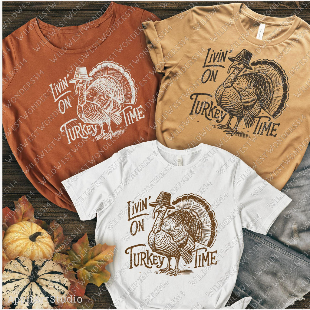 Livin' On Turkey Time Png, Fall sublimation design, Thanksgiving Turkey Png, Retro fall graphic, Fall shirt design, Trendy fall design
