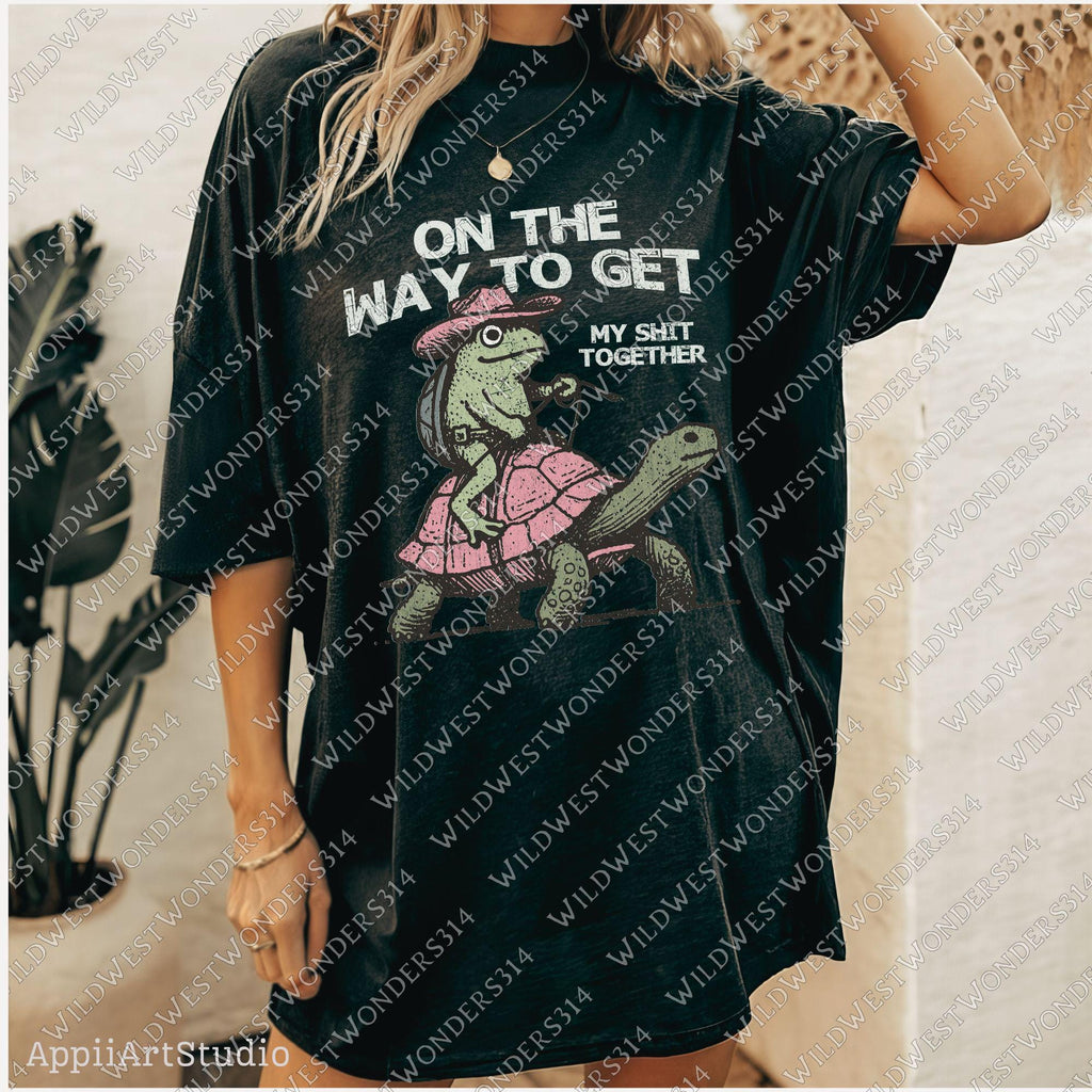 Sarcastic saying design Png - Funny Western design for sublimation - Cowboy Frog on Turtle graphic Png - Retro Western Animal Humor Design