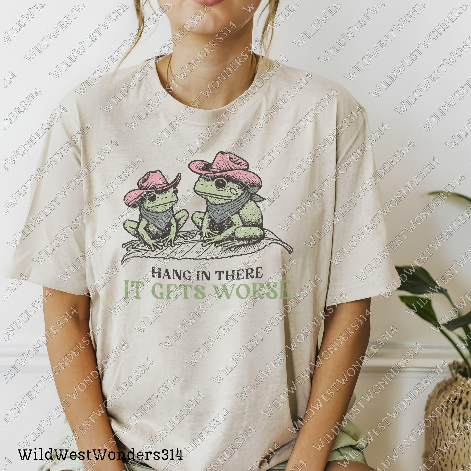 Mental health quote Png - Funny Western design for sublimation - Funny Frog Duo "Hang In There, It Gets Worse" - Sarcastic Retro Animal PNG