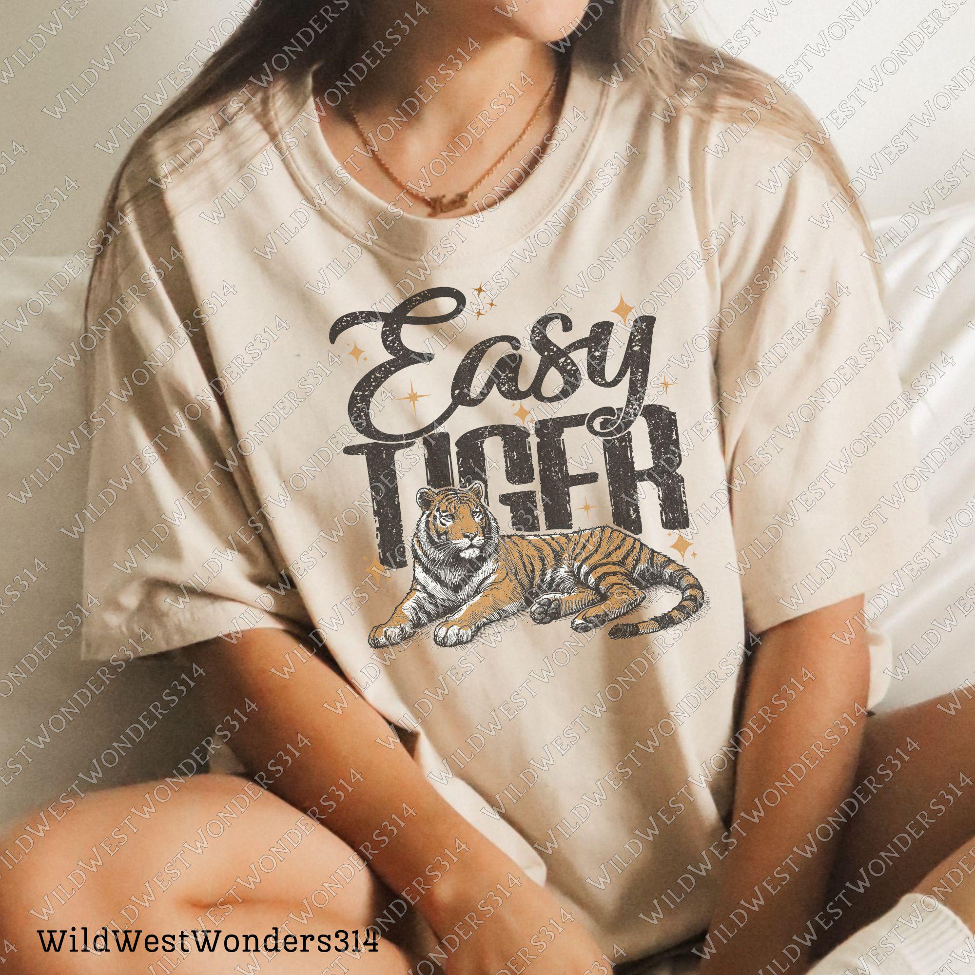 Easy Tiger Retro Tiger PNG - Trendy retro T-Shirt Design - Funny Quote with Tiger Graphic, Western PNG, Vintage Style PNG, Hand drawn png