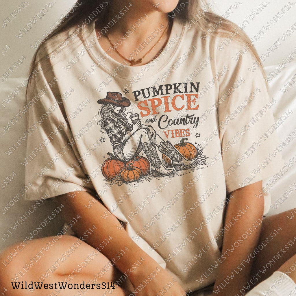 Pumpkin spice and country vibes Png, Fall shirt design, Retro fall sublimation design, Western fall Png, Western Cowgirl Pumpkin Png Digital