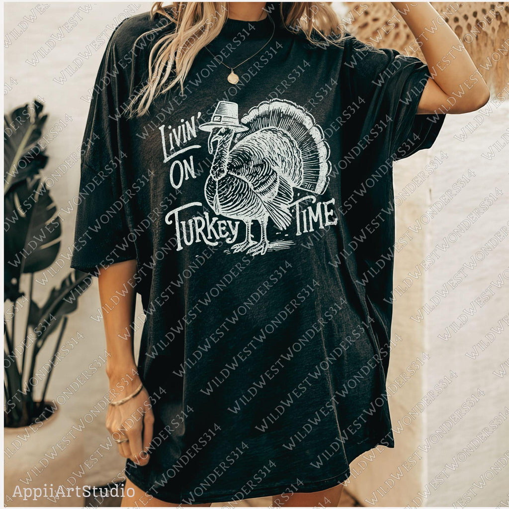 Livin' On Turkey Time Png, Fall sublimation design, Thanksgiving Turkey Png, Retro fall graphic, Fall shirt design, Trendy fall design