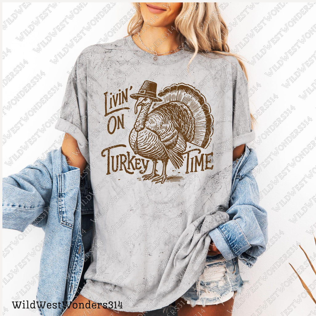 Livin' On Turkey Time Png, Fall sublimation design, Thanksgiving Turkey Png, Retro fall graphic, Fall shirt design, Trendy fall design