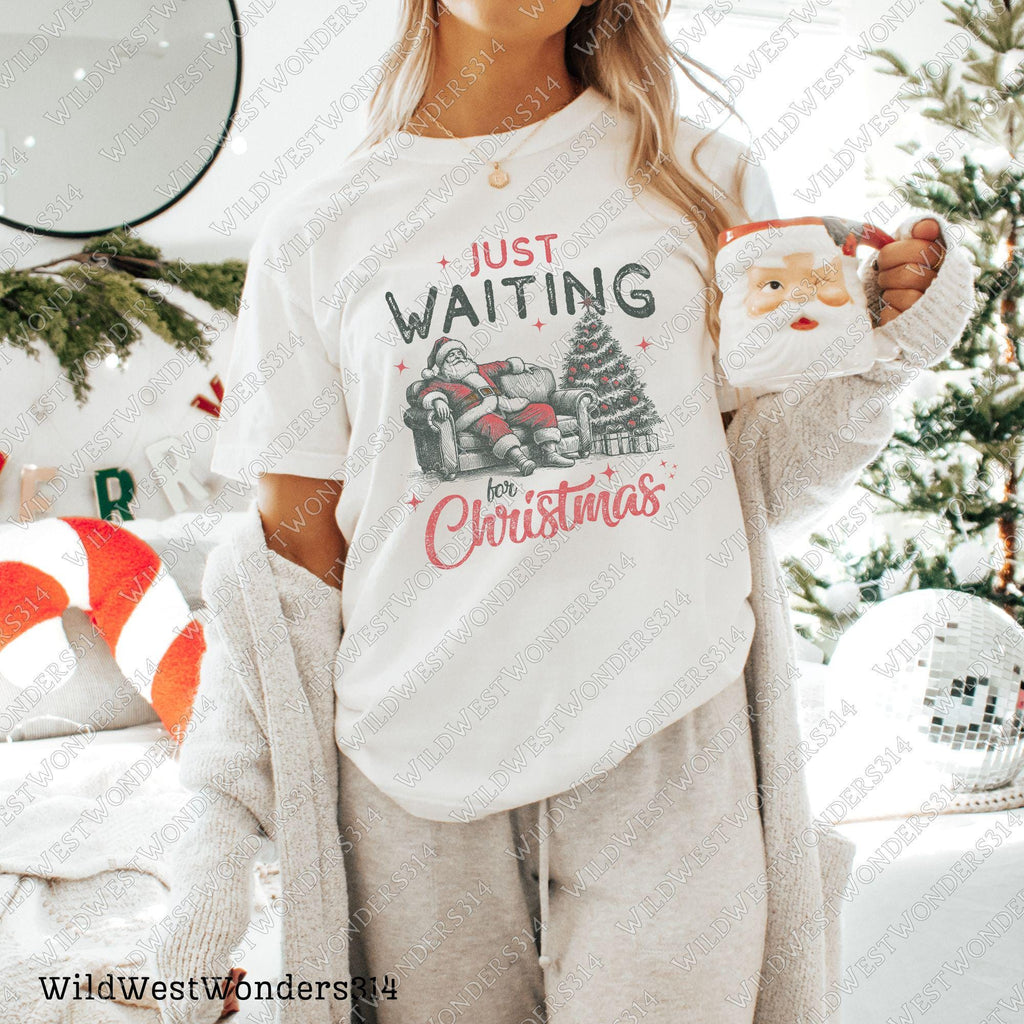 Just Waiting for Christmas PNG, Retro Santa Claus design Png, Vintage Christmas graphic for sublimation and DTG printing - Funny Christmas