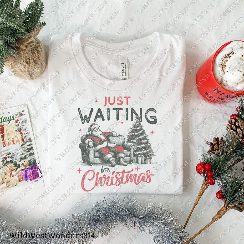 Just Waiting for Christmas PNG, Retro Santa Claus design Png, Vintage Christmas graphic for sublimation and DTG printing - Funny Christmas