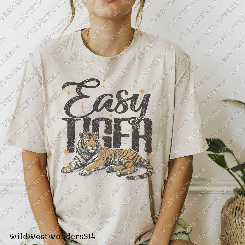 Easy Tiger Retro Tiger PNG - Trendy retro T-Shirt Design - Funny Quote with Tiger Graphic, Western PNG, Vintage Style PNG, Hand drawn png