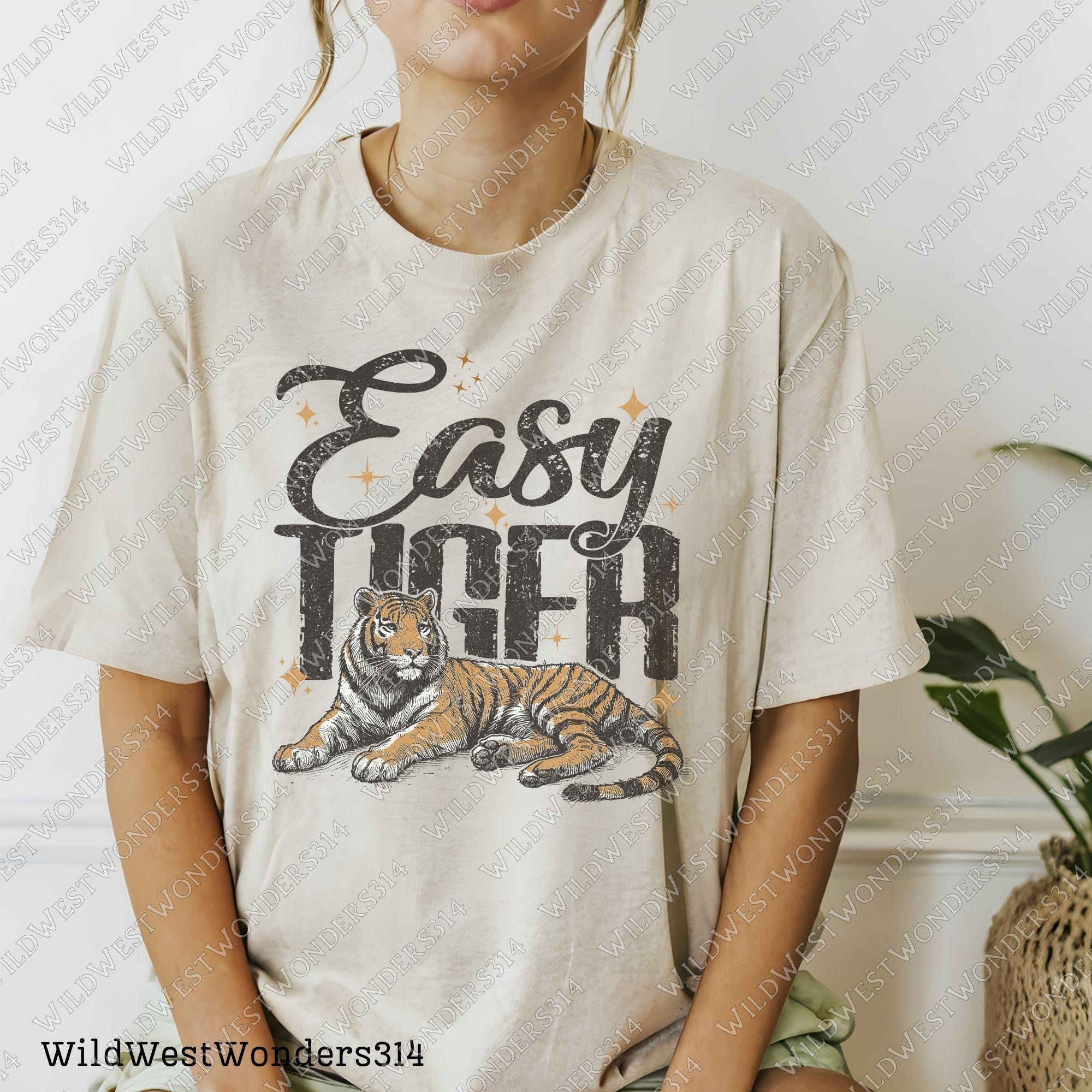Easy Tiger Retro Tiger PNG - Trendy retro T-Shirt Design - Funny Quote with Tiger Graphic, Western PNG, Vintage Style PNG, Hand drawn png
