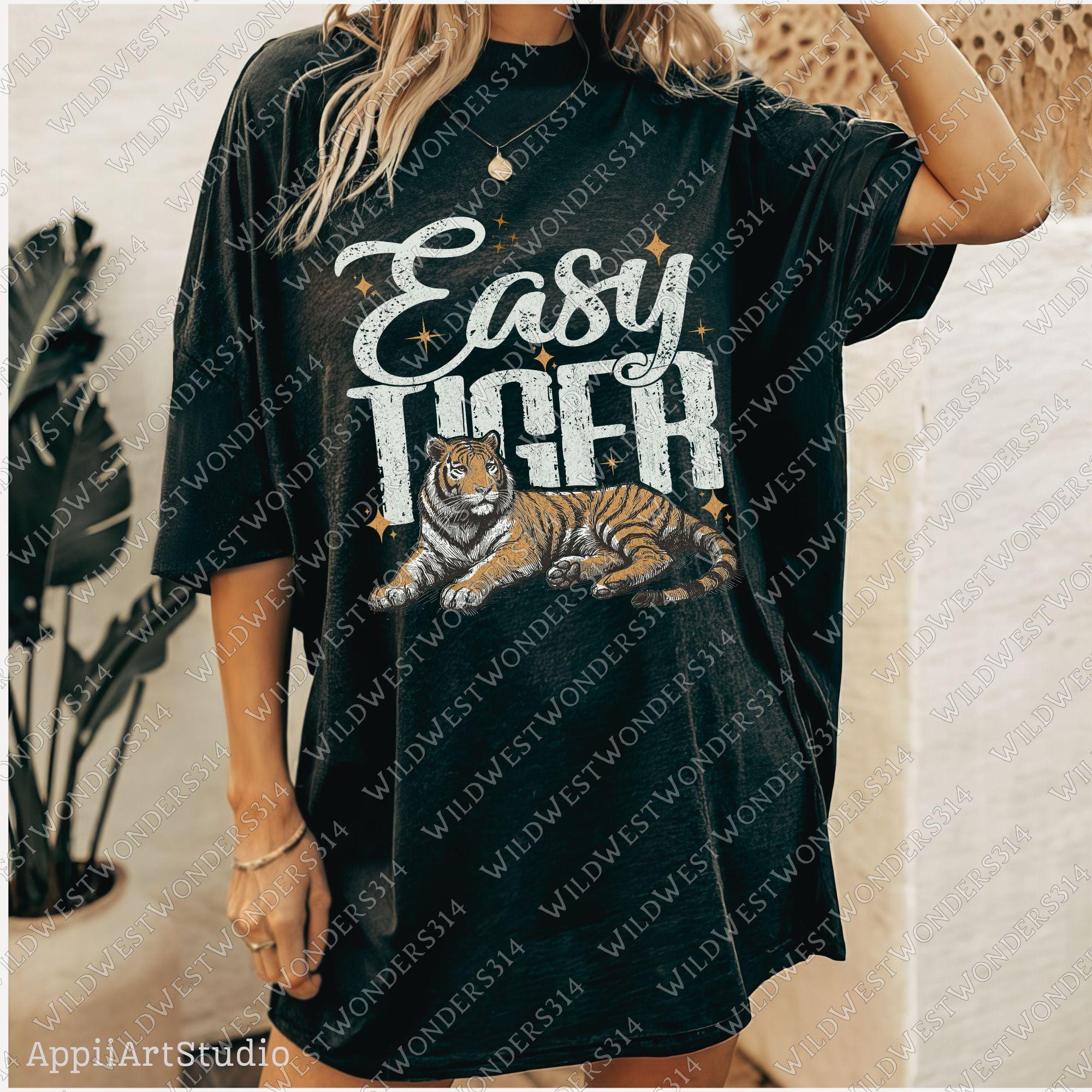 Easy Tiger Retro Tiger PNG - Trendy retro T-Shirt Design - Funny Quote with Tiger Graphic, Western PNG, Vintage Style PNG, Hand drawn png