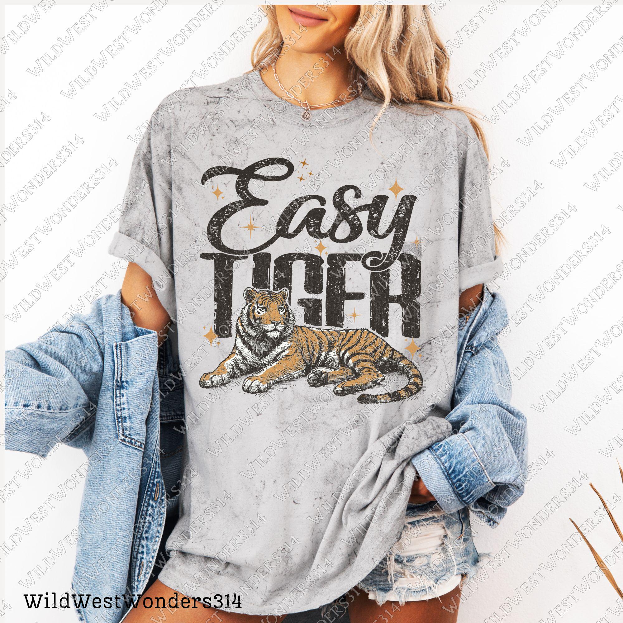 Easy Tiger Retro Tiger PNG - Trendy retro T-Shirt Design - Funny Quote with Tiger Graphic, Western PNG, Vintage Style PNG, Hand drawn png