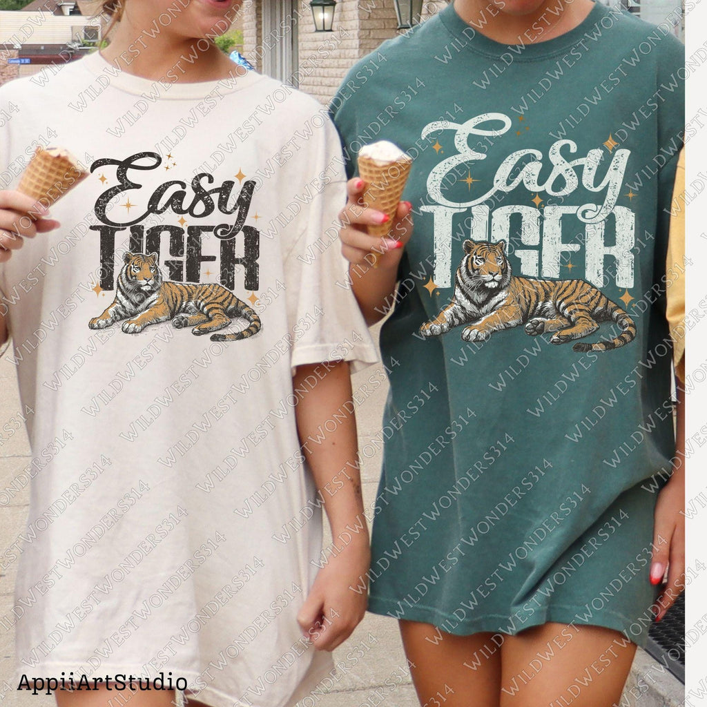 Easy Tiger Retro Tiger PNG - Trendy retro T-Shirt Design - Funny Quote with Tiger Graphic, Western PNG, Vintage Style PNG, Hand drawn png