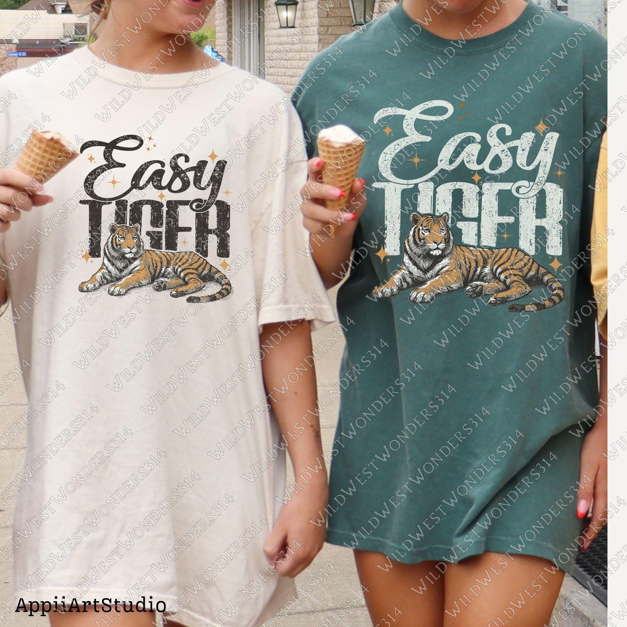 Easy Tiger Retro Tiger PNG - Trendy retro T-Shirt Design - Funny Quote with Tiger Graphic, Western PNG, Vintage Style PNG, Hand drawn png
