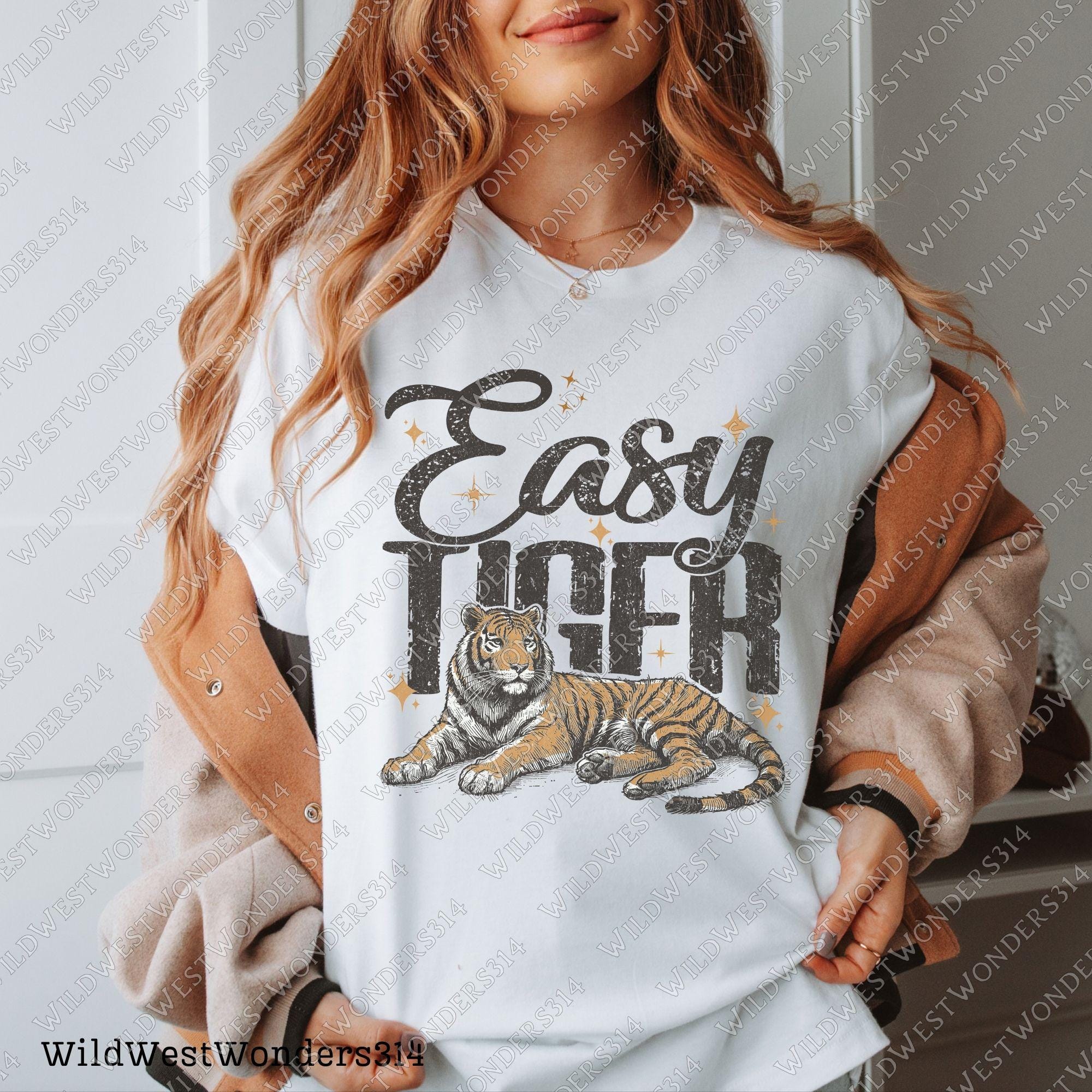 Easy Tiger Retro Tiger PNG - Trendy retro T-Shirt Design - Funny Quote with Tiger Graphic, Western PNG, Vintage Style PNG, Hand drawn png