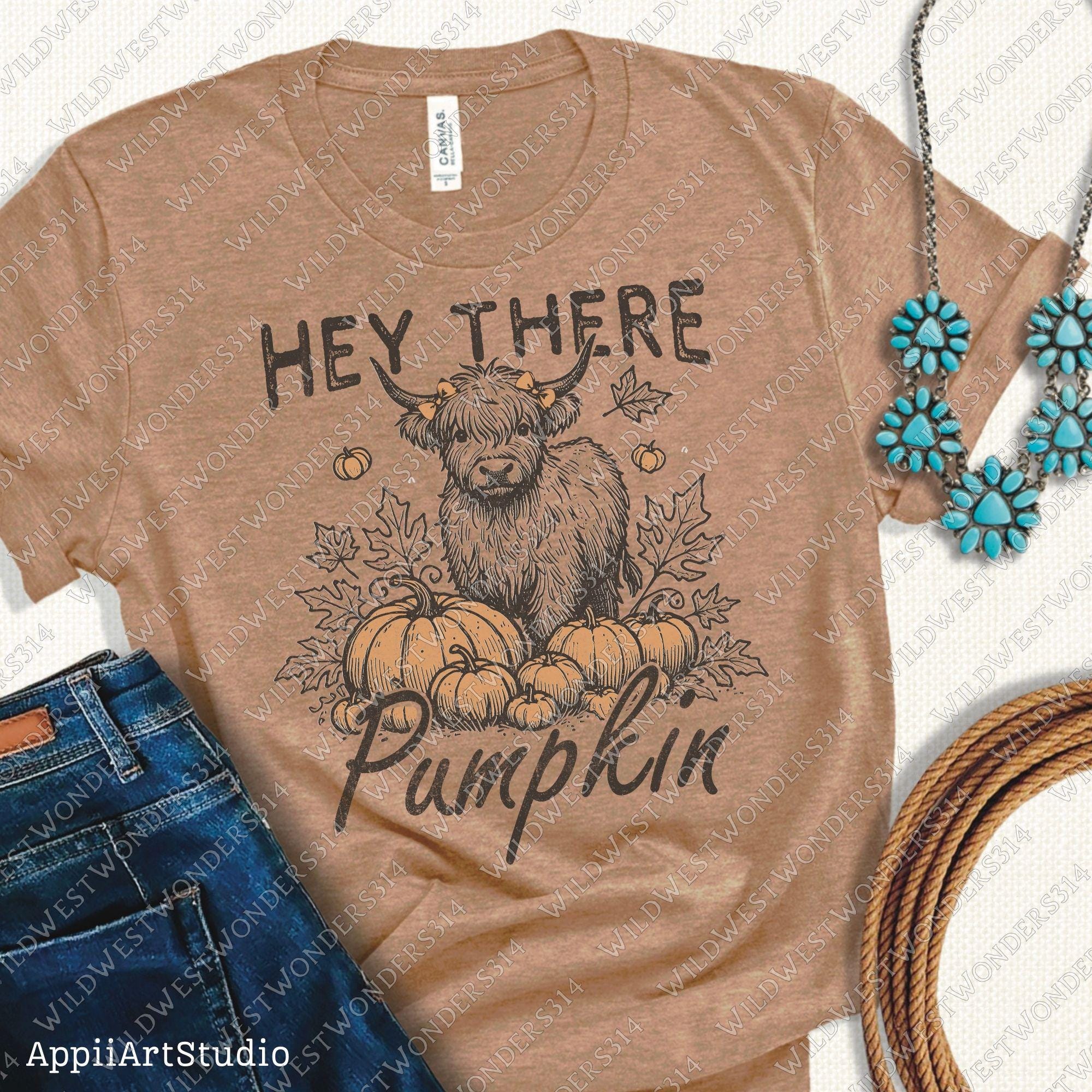 Hay there pumpkin Png, Fall sublimation, Baby highland cow Png, Retro fall graphic, Fall shirt design, Trendy fall girl design, Westerncow