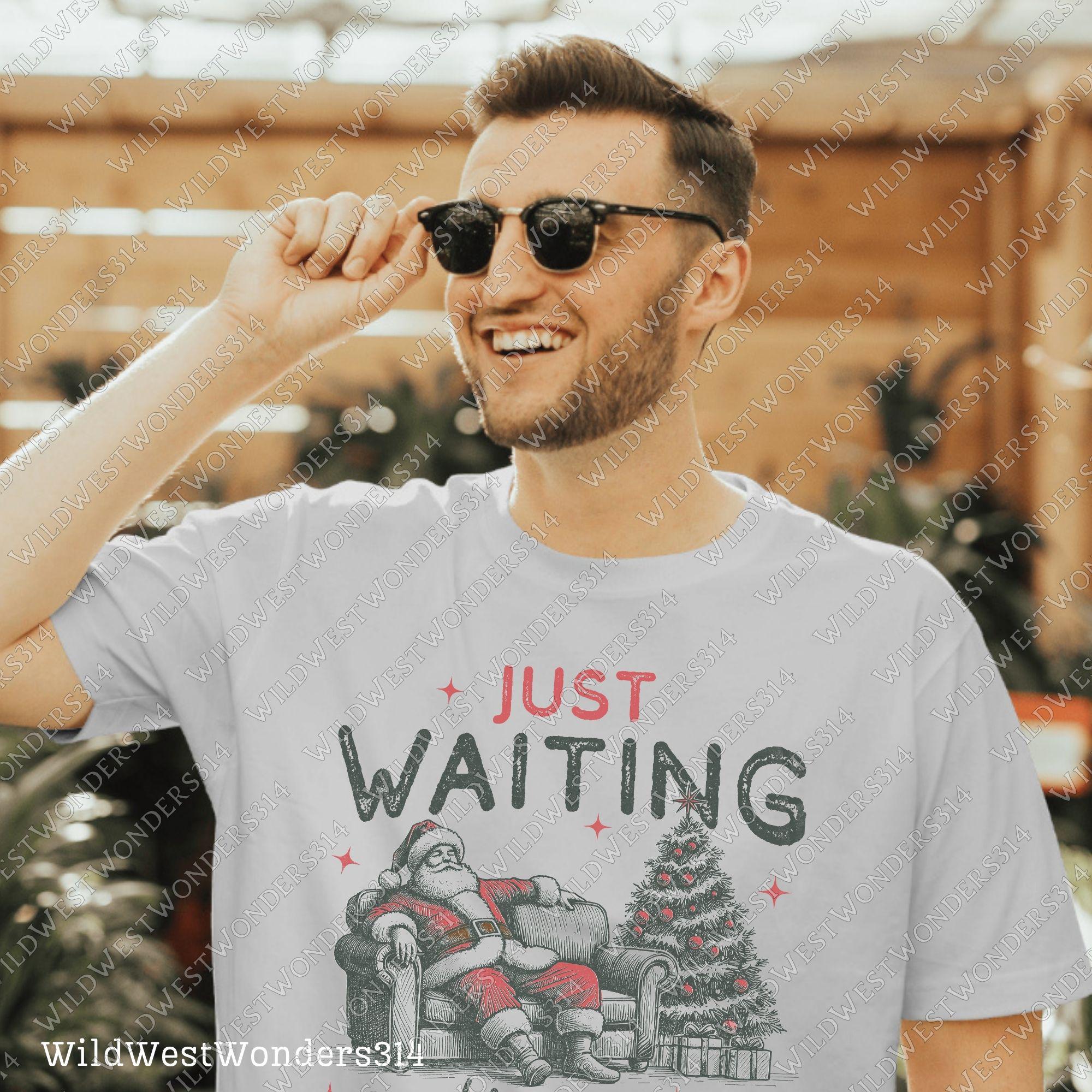 Just Waiting for Christmas PNG, Retro Santa Claus design Png, Vintage Christmas graphic for sublimation and DTG printing - Funny Christmas