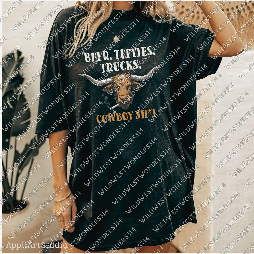Beer Titties Trucks Longhorn Png, Western Cowboy Design PNG, Western Country Humor PNG, Vintage Style PNG, Rustic Texas Style, Deser Png