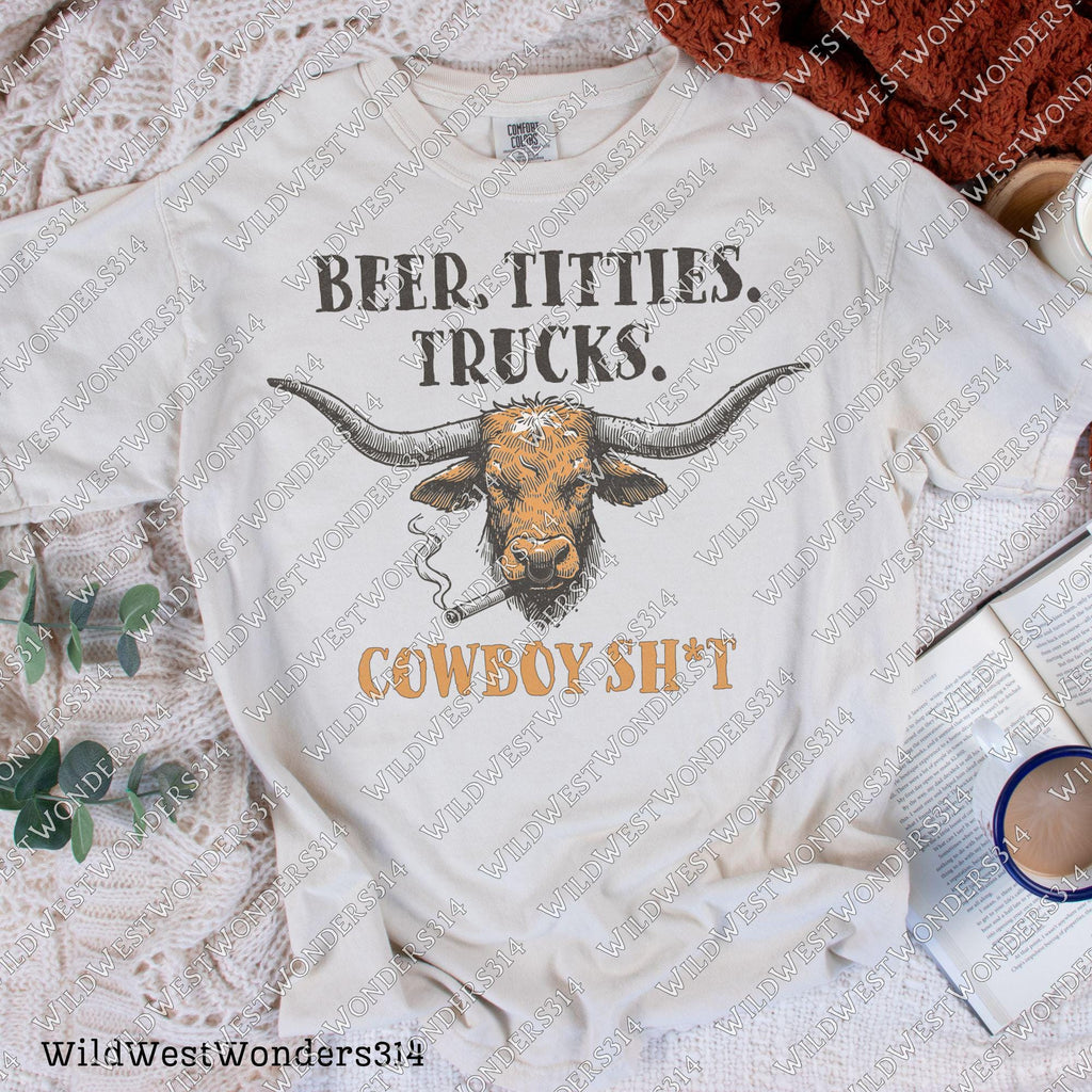 Beer Titties Trucks Longhorn Png, Western Cowboy Design PNG, Western Country Humor PNG, Vintage Style PNG, Rustic Texas Style, Deser Png