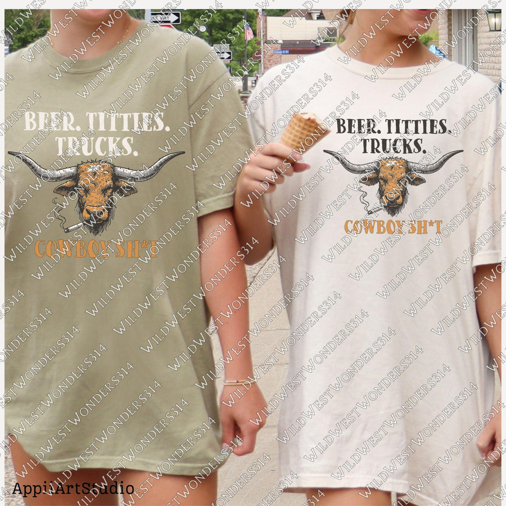 Beer Titties Trucks Longhorn Png, Western Cowboy Design PNG, Western Country Humor PNG, Vintage Style PNG, Rustic Texas Style, Deser Png
