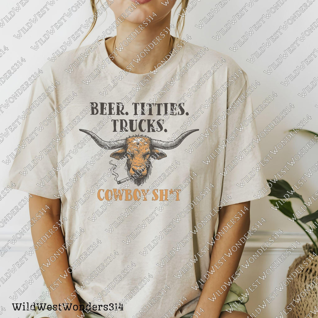 Beer Titties Trucks Longhorn Png, Western Cowboy Design PNG, Western Country Humor PNG, Vintage Style PNG, Rustic Texas Style, Deser Png