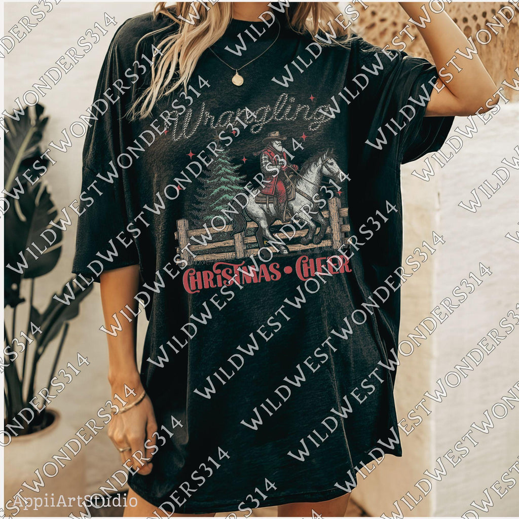 Wrangling Christmas Cheer, Retro Santa Claus Png, Vintage Christmas graphic for sublimation and DTG printing, Funny Christmas T-shirt design