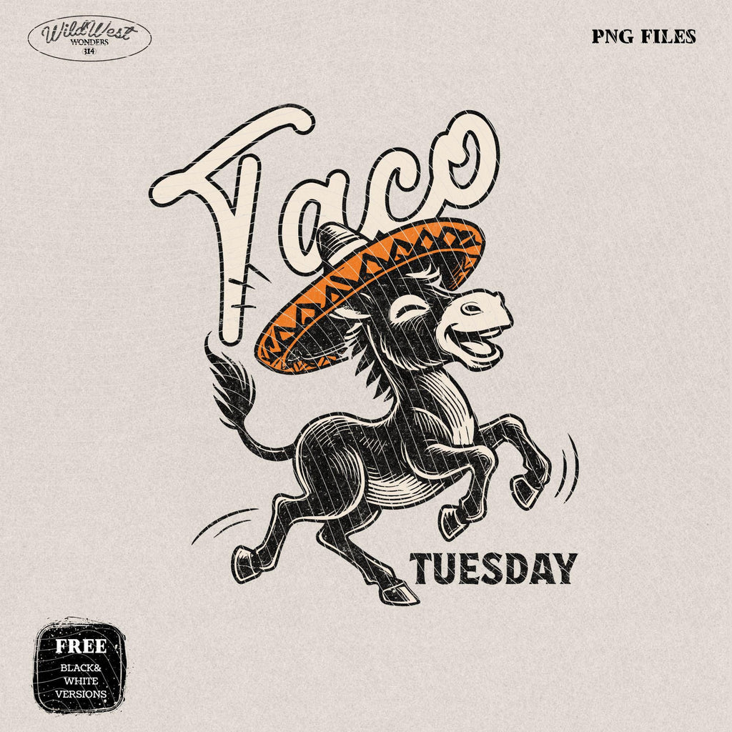 Taco Tuesday Donkey PNG Funny Mexican Fiesta Sombrero Taco Lover Sublimation Design Trendy vintage comic for Tees Wall art Stickers Tote Bag