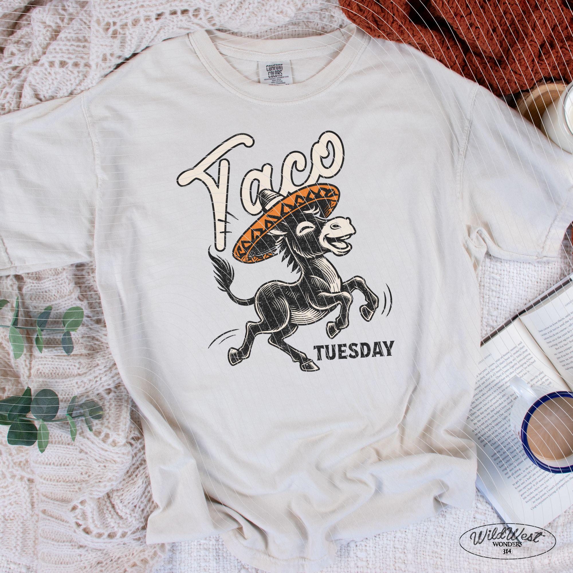 Taco Tuesday Donkey PNG Funny Mexican Fiesta Sombrero Taco Lover Sublimation Design Trendy vintage comic for Tees Wall art Stickers Tote Bag