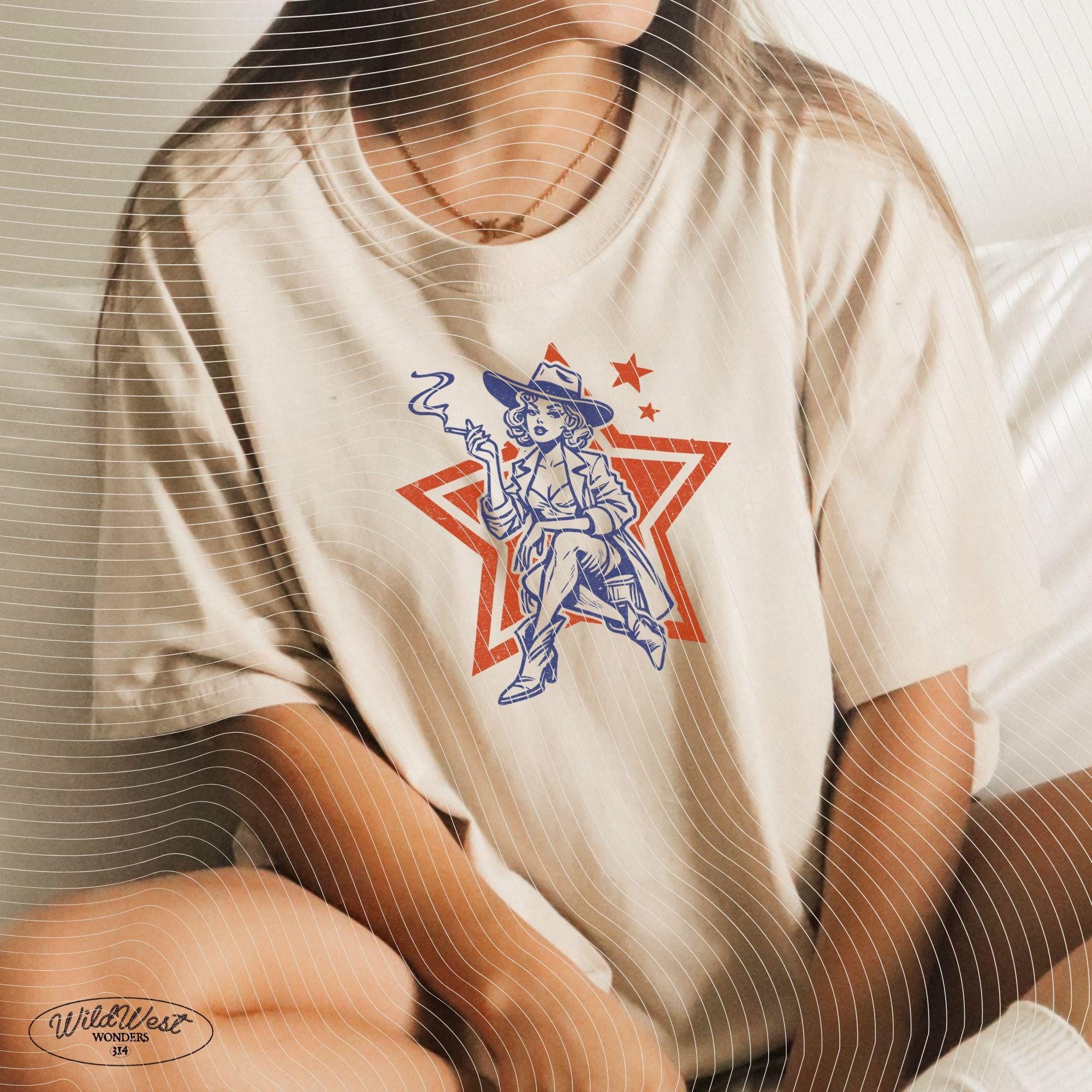 Retro Cowgirl Star PNG, Western Smoking Lady PNG Western Cowgirl Png Trendy vintage comic Gift for Her for Tees Wall art Stickers Tote Bags