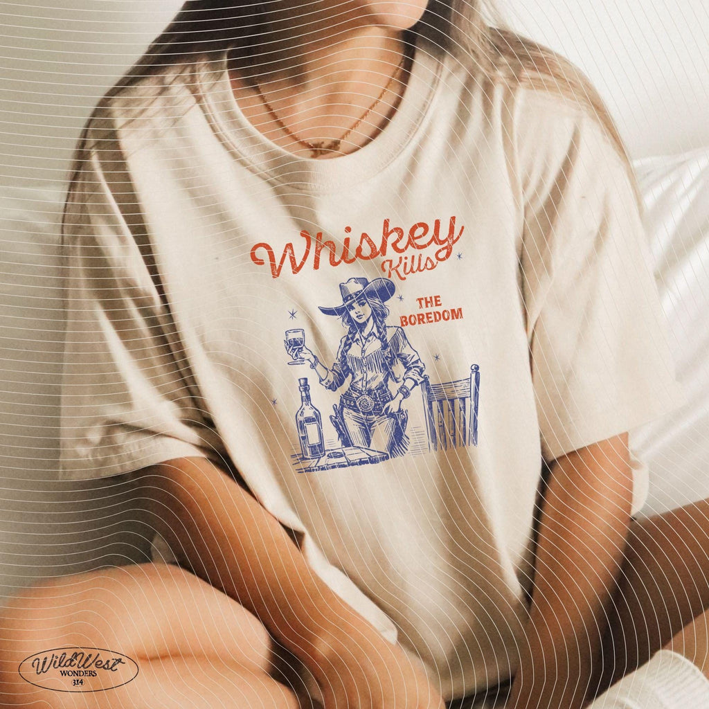Whiskey Kills the Boredom, Retro Cowgirl Bar PNG Western Cowgirl Png Trendy vintage comic Gift for Her for Tees Wall art Stickers Tote Bags