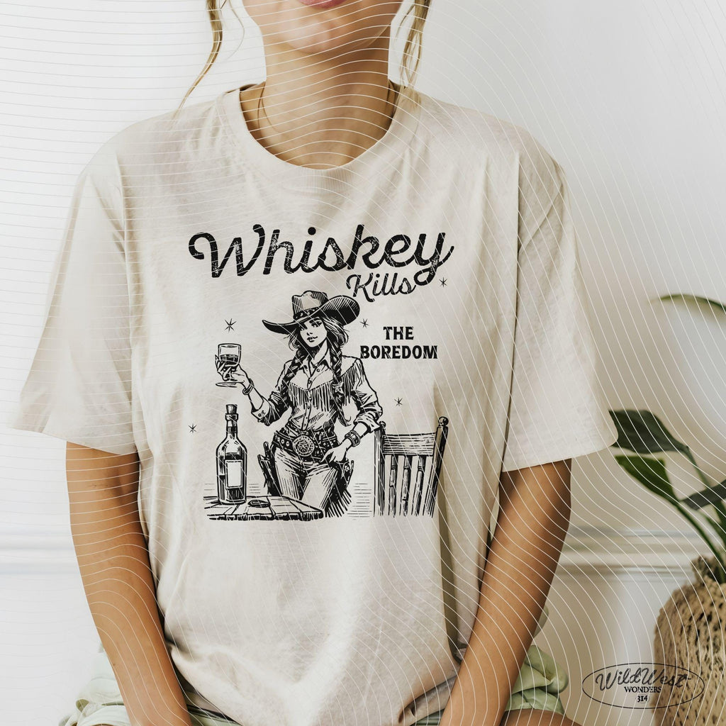 Whiskey Kills the Boredom, Retro Cowgirl Bar PNG Western Cowgirl Png Trendy vintage comic Gift for Her for Tees Wall art Stickers Tote Bags