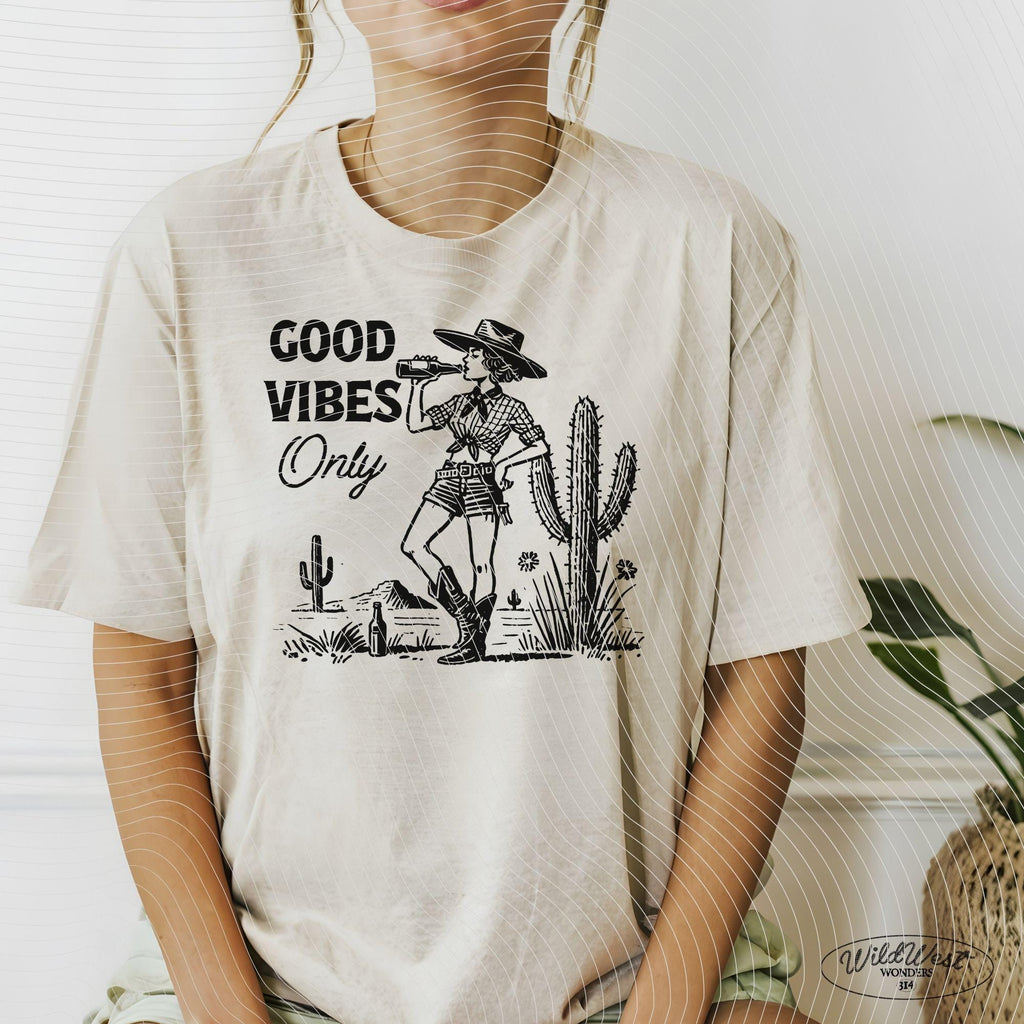 Good Vibes Only Cowgirl PNG Western Cowgirl PNG Trendy Vintage Comic Gift for Her Sublimation Graphic for Tees Wall art, Stickers, Tote Bags