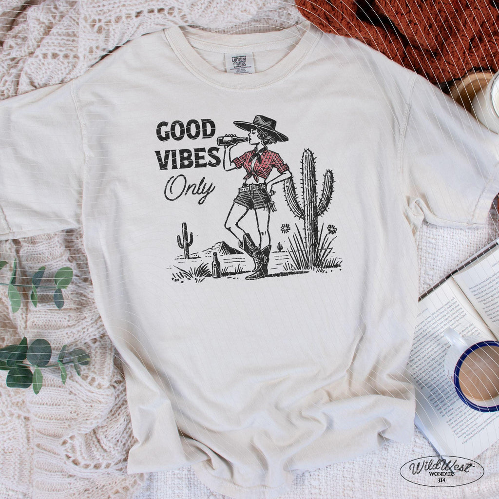 Good Vibes Only Cowgirl PNG Western Cowgirl PNG Trendy Vintage Comic Gift for Her Sublimation Graphic for Tees Wall art, Stickers, Tote Bags