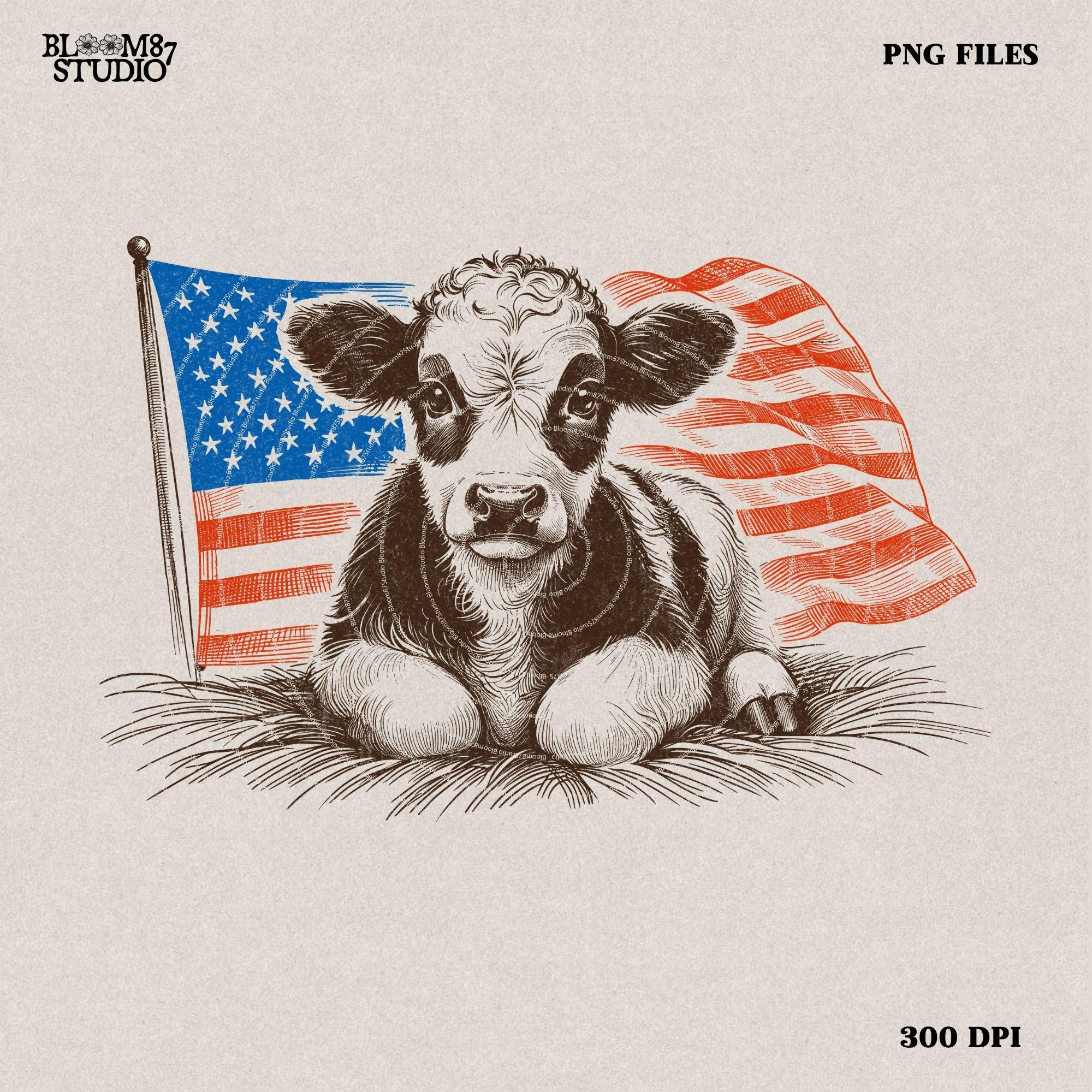 Patriotic American Flag Calf T-Shirt Design, Cute Farm Animal Graphic PNG for Memorial & Independence Day, Western Sublimations, Western png