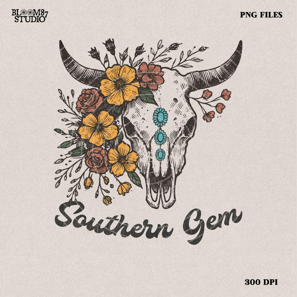 Floral Cow Skull PNG: Turquoise Gem, Western Design (Digital Download)