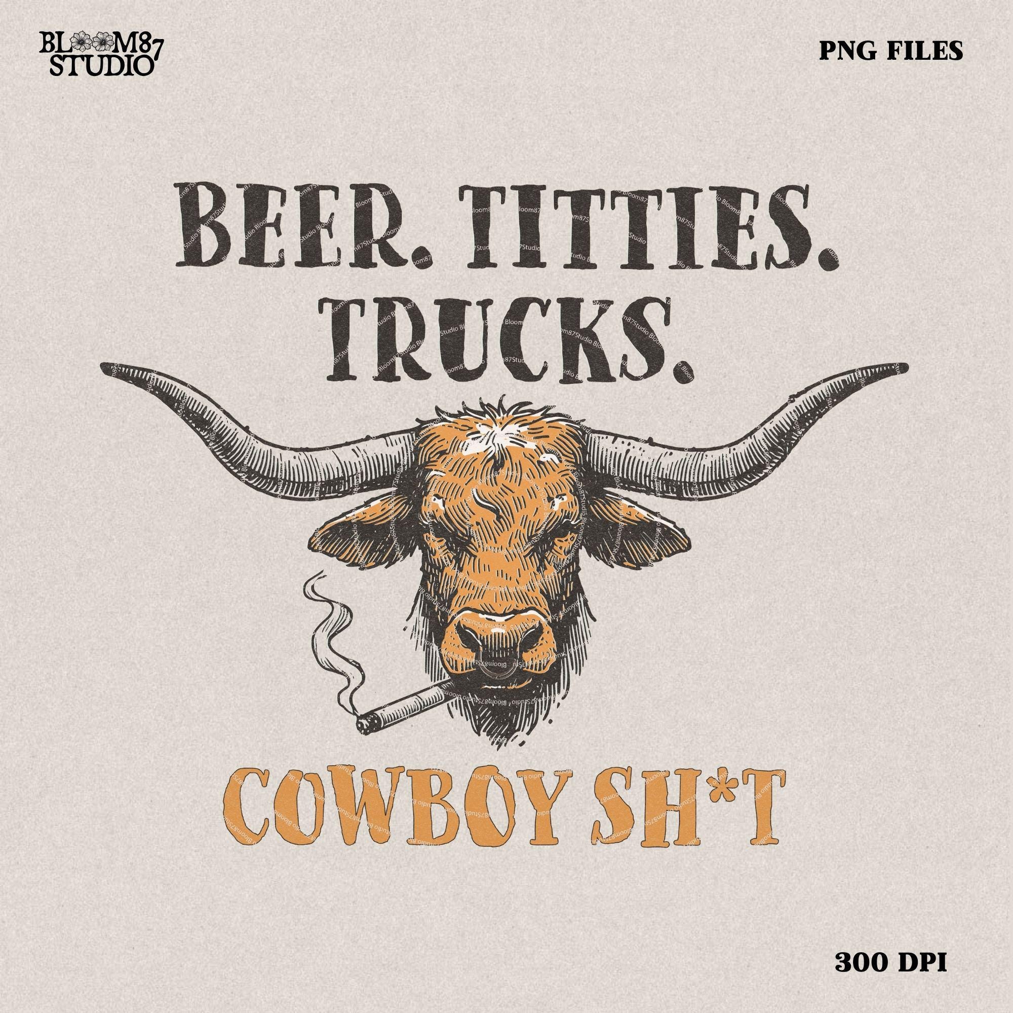 Beer Titties Trucks Longhorn Png, Western Cowboy Design PNG, Western Country Humor PNG, Vintage Style PNG, Rustic Texas Style, Deser Png