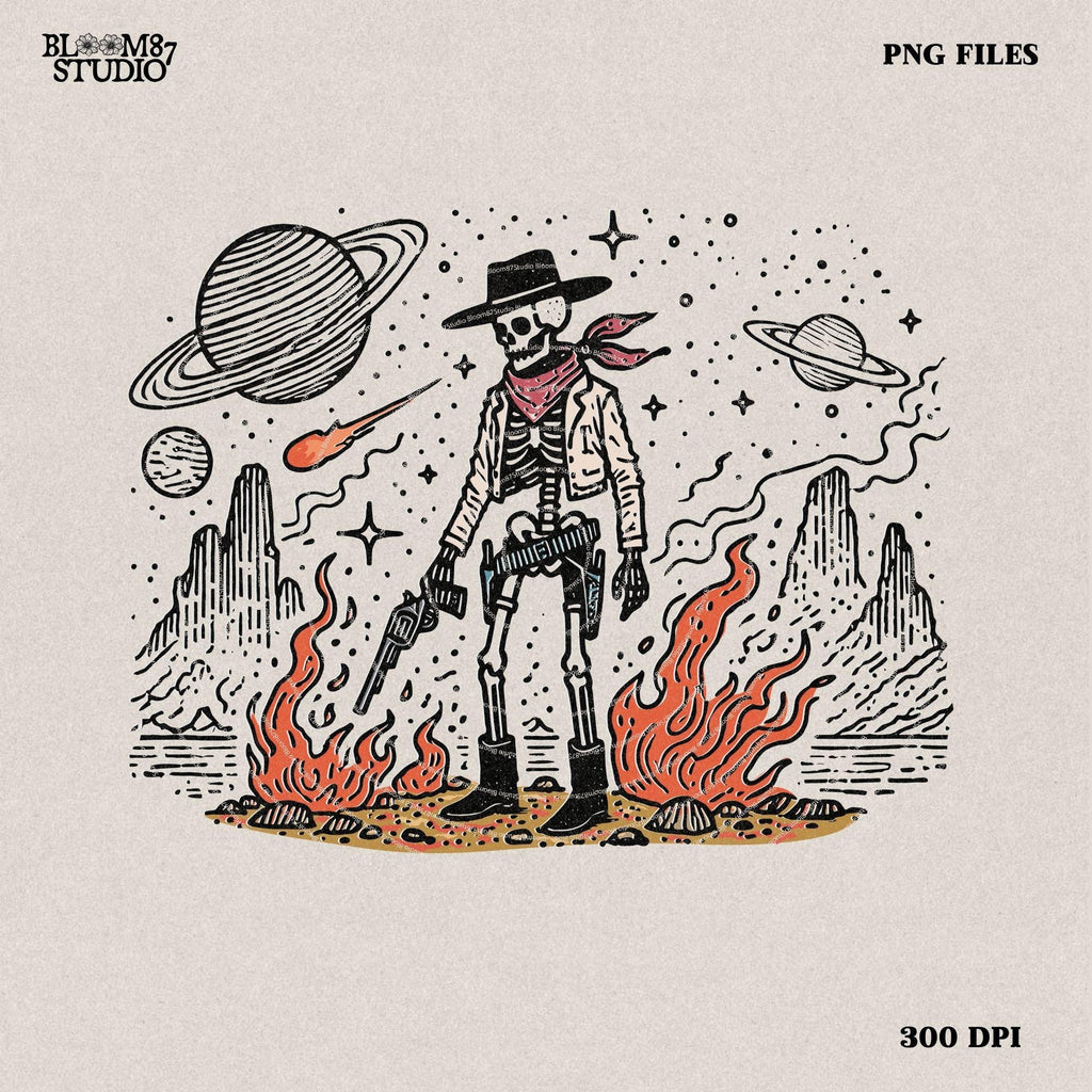 Space Cowboy Skeleton Png, Cosmic Western Cowboy Skull Design PNG, Vintage Style PNG, Sci-Fi Skeleton Cowboy, Outer Space Wild West Design