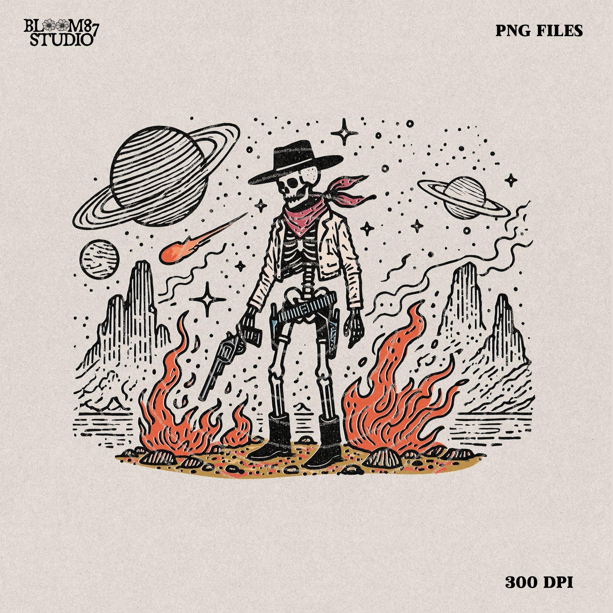 Space Cowboy Skeleton Png, Cosmic Western Cowboy Skull Design PNG, Vintage Style PNG, Sci-Fi Skeleton Cowboy, Outer Space Wild West Design