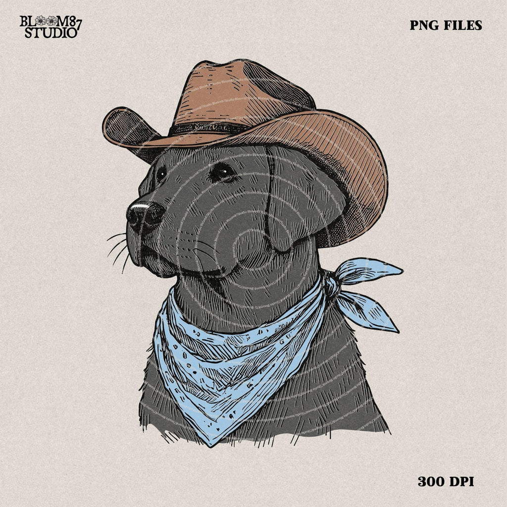 Cowboy Labrador with Bandana and Hat PNG, Rustic Western Animal, Vintage Desert Png, Rustic Country Png, Vintage Farmhouse, Southwestern Png