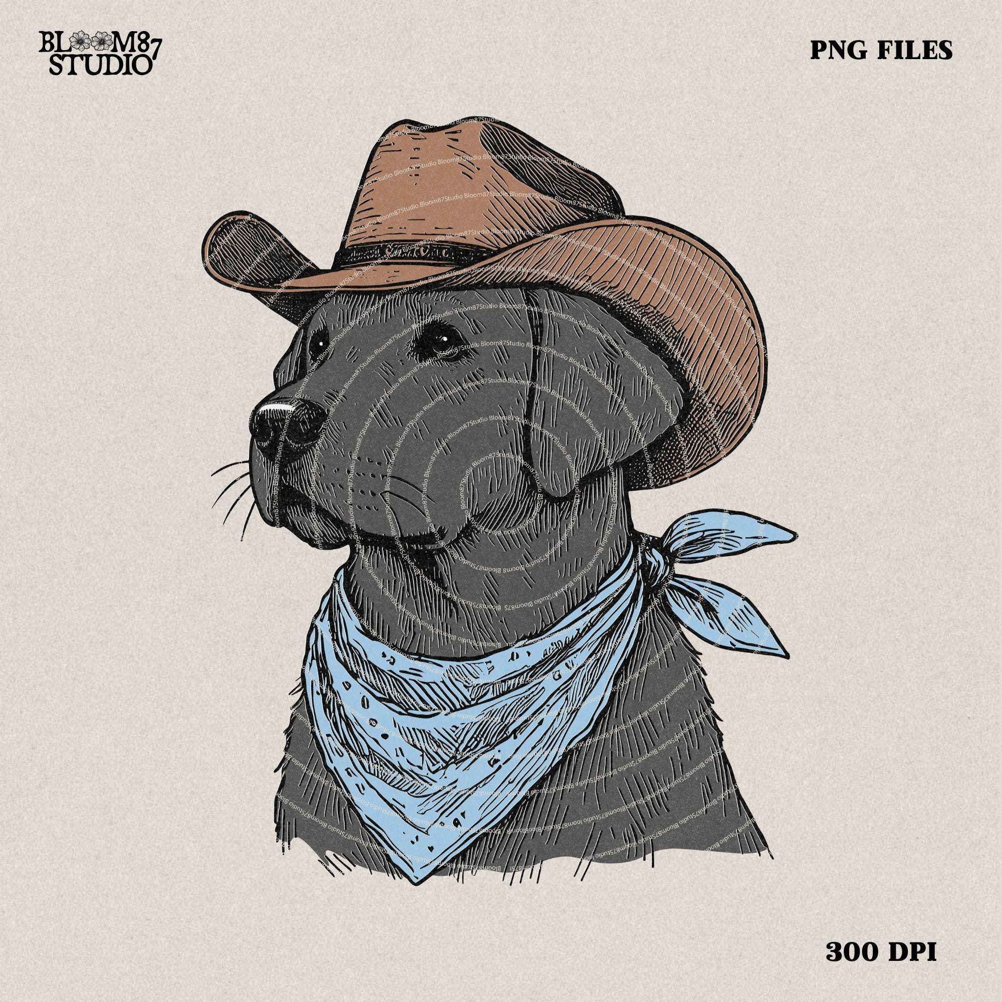 Cowboy Labrador with Bandana and Hat PNG, Rustic Western Animal, Vintage Desert Png, Rustic Country Png, Vintage Farmhouse, Southwestern Png