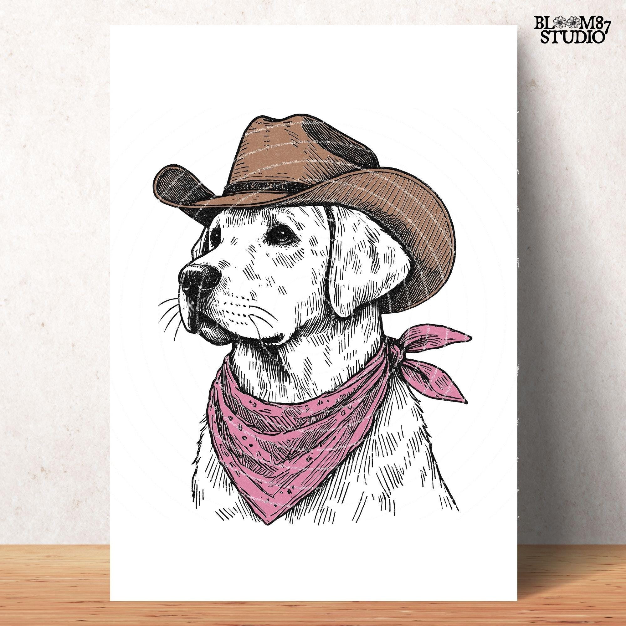 Cowboy Labrador with Bandana and Hat PNG, Rustic Western Animal, Vintage Desert Png, Rustic Country Png, Vintage Farmhouse, Southwestern Png