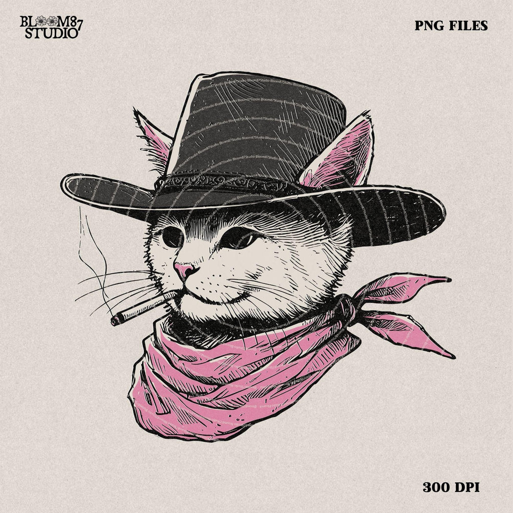 Cowboy Cat with Pink Bandana and Hat PNG, Rustic Western Animal, Vintage Desert Png, Rustic Country Png, Vintage Farmhouse, Southwestern Png