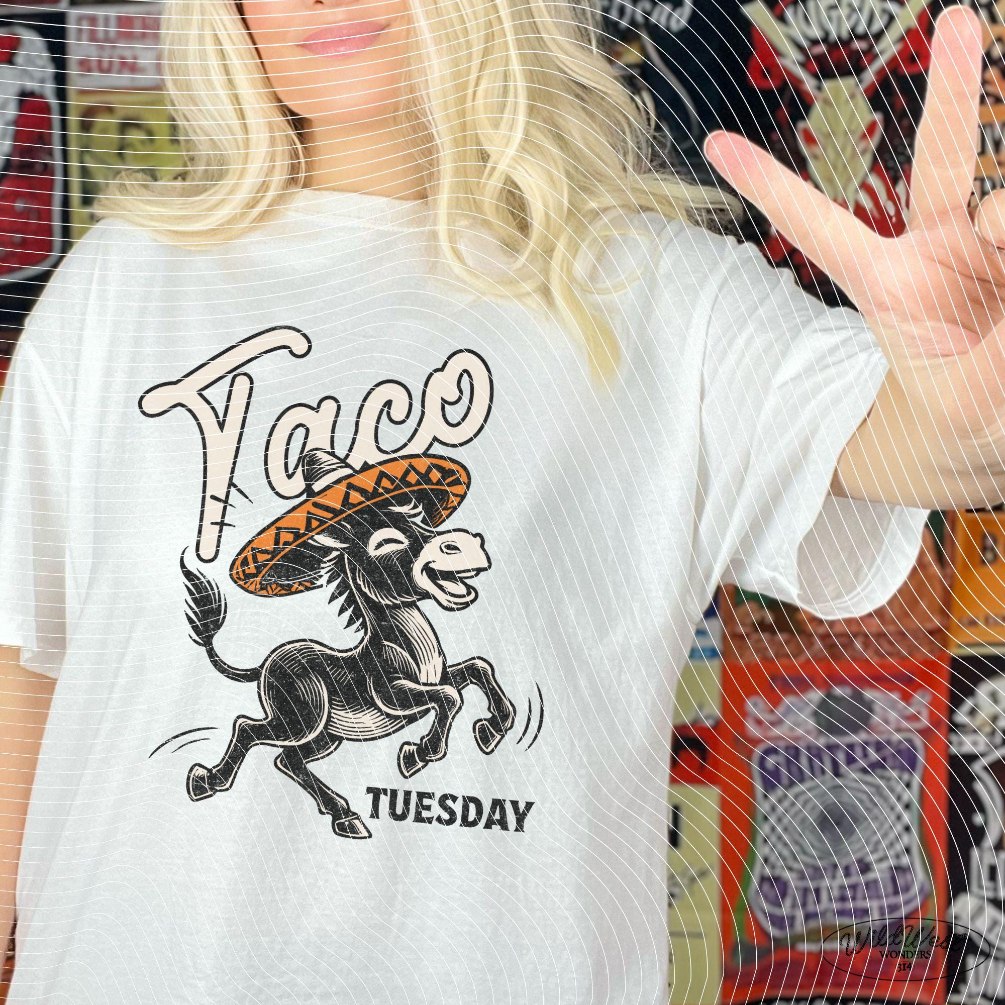 Taco Tuesday Donkey PNG Funny Mexican Fiesta Sombrero Taco Lover Sublimation Design Trendy vintage comic for Tees Wall art Stickers Tote Bag