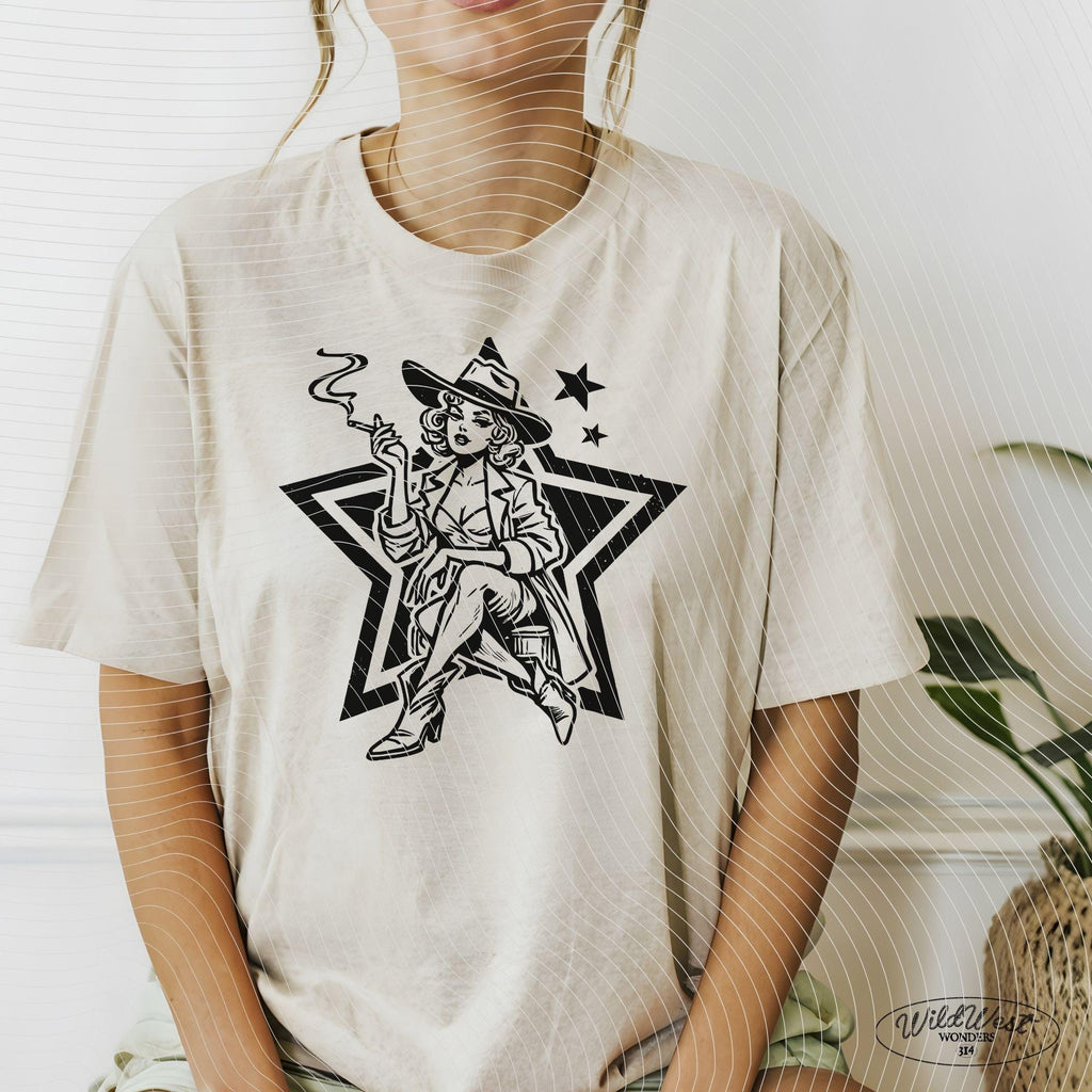 Retro Cowgirl Star PNG, Western Smoking Lady PNG Western Cowgirl Png Trendy vintage comic Gift for Her for Tees Wall art Stickers Tote Bags