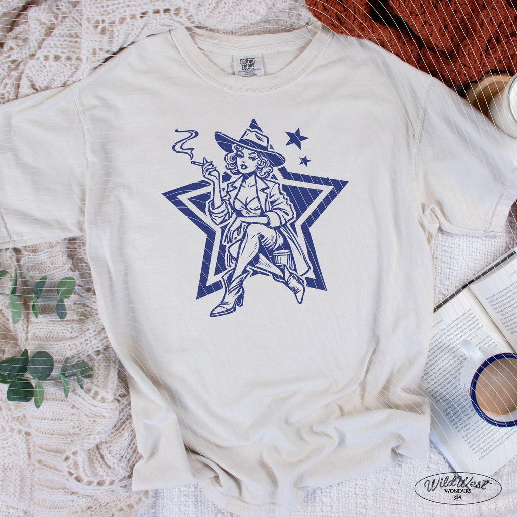Retro Cowgirl Star PNG, Western Smoking Lady PNG Western Cowgirl Png Trendy vintage comic Gift for Her for Tees Wall art Stickers Tote Bags