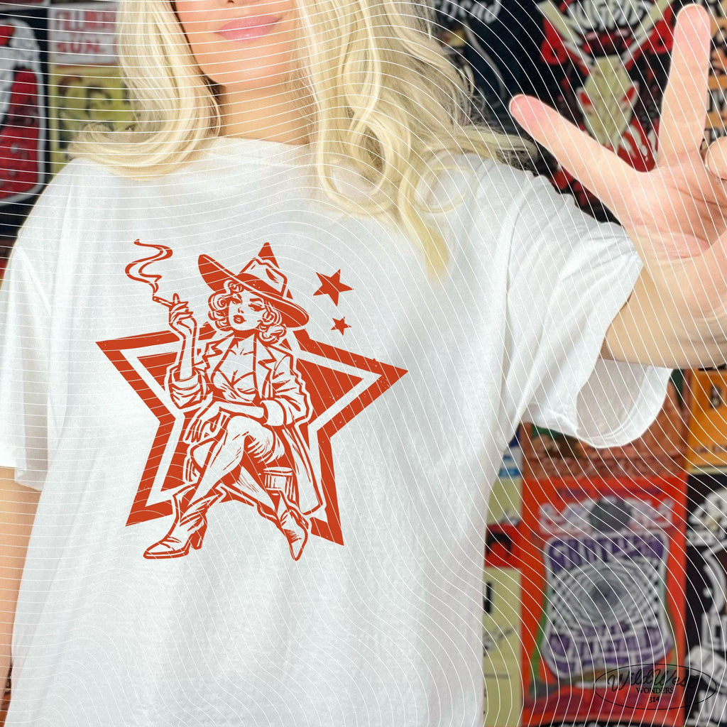 Retro Cowgirl Star PNG, Western Smoking Lady PNG Western Cowgirl Png Trendy vintage comic Gift for Her for Tees Wall art Stickers Tote Bags