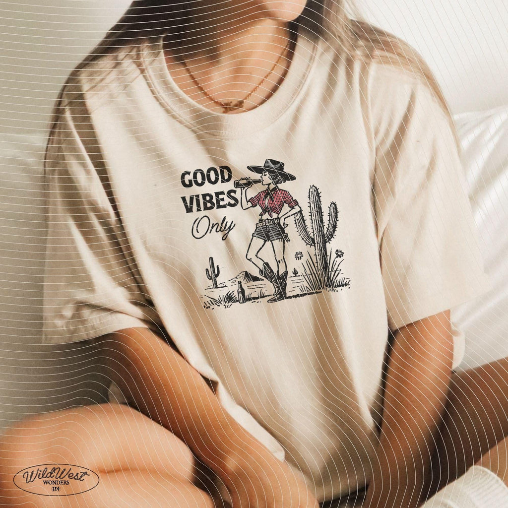 Good Vibes Only Cowgirl PNG Western Cowgirl PNG Trendy Vintage Comic Gift for Her Sublimation Graphic for Tees Wall art, Stickers, Tote Bags