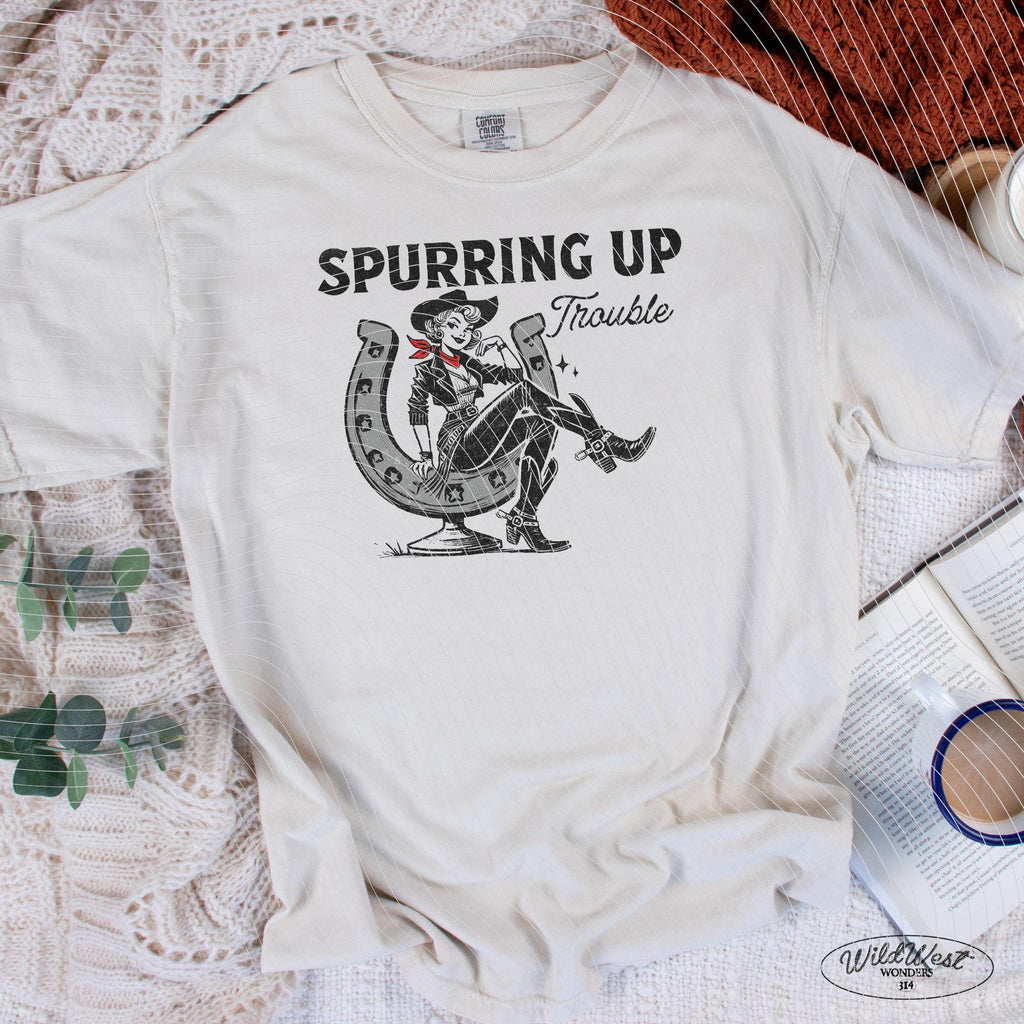 Spurring Up Trouble PNG Retro Cowgirl Horseshoe PNG, Trendy Vintage Comic, Gift for Her, Sublimation for Tees, Wall art, Stickers, Tote Bags