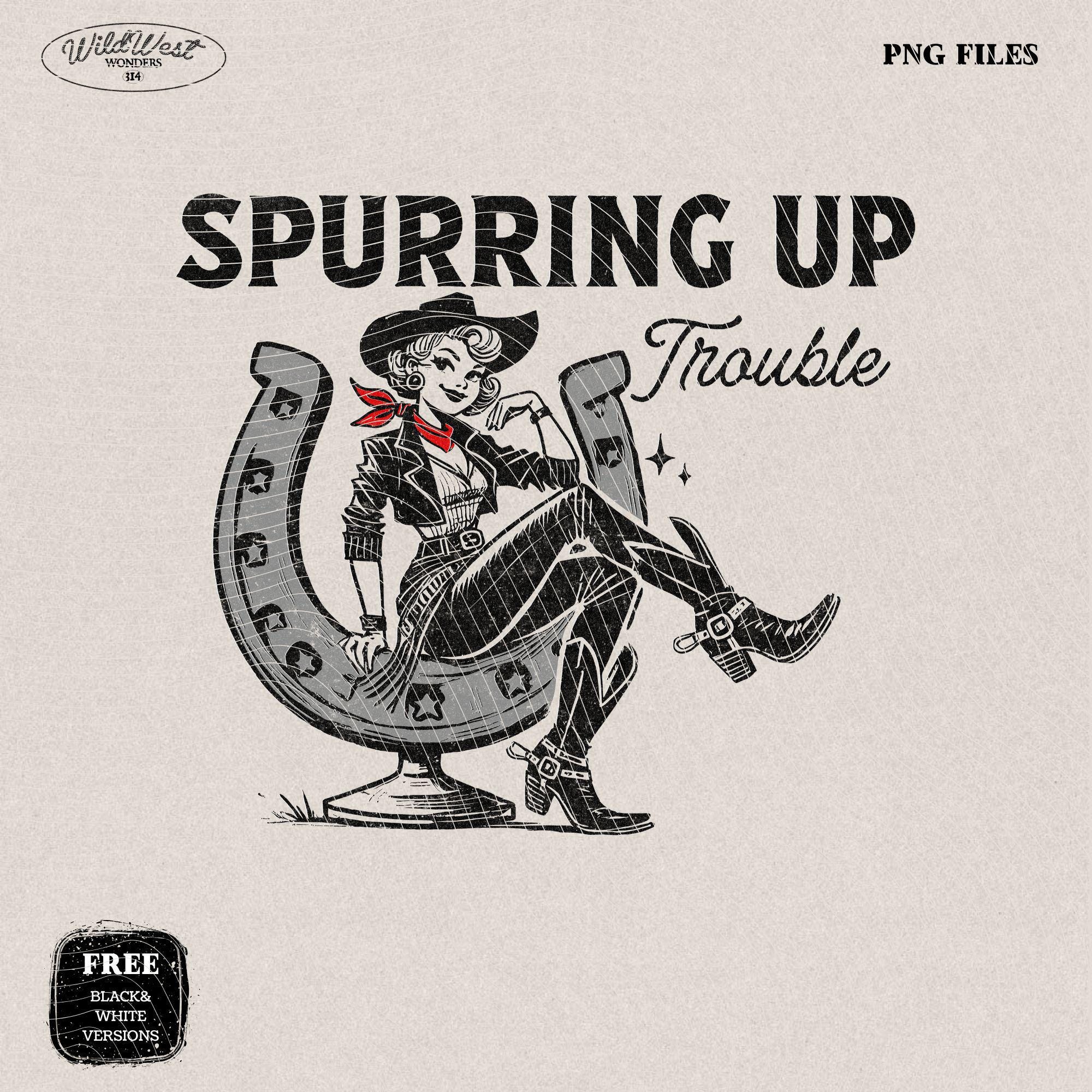 Spurring Up Trouble PNG Retro Cowgirl Horseshoe PNG, Trendy Vintage Comic, Gift for Her, Sublimation for Tees, Wall art, Stickers, Tote Bags