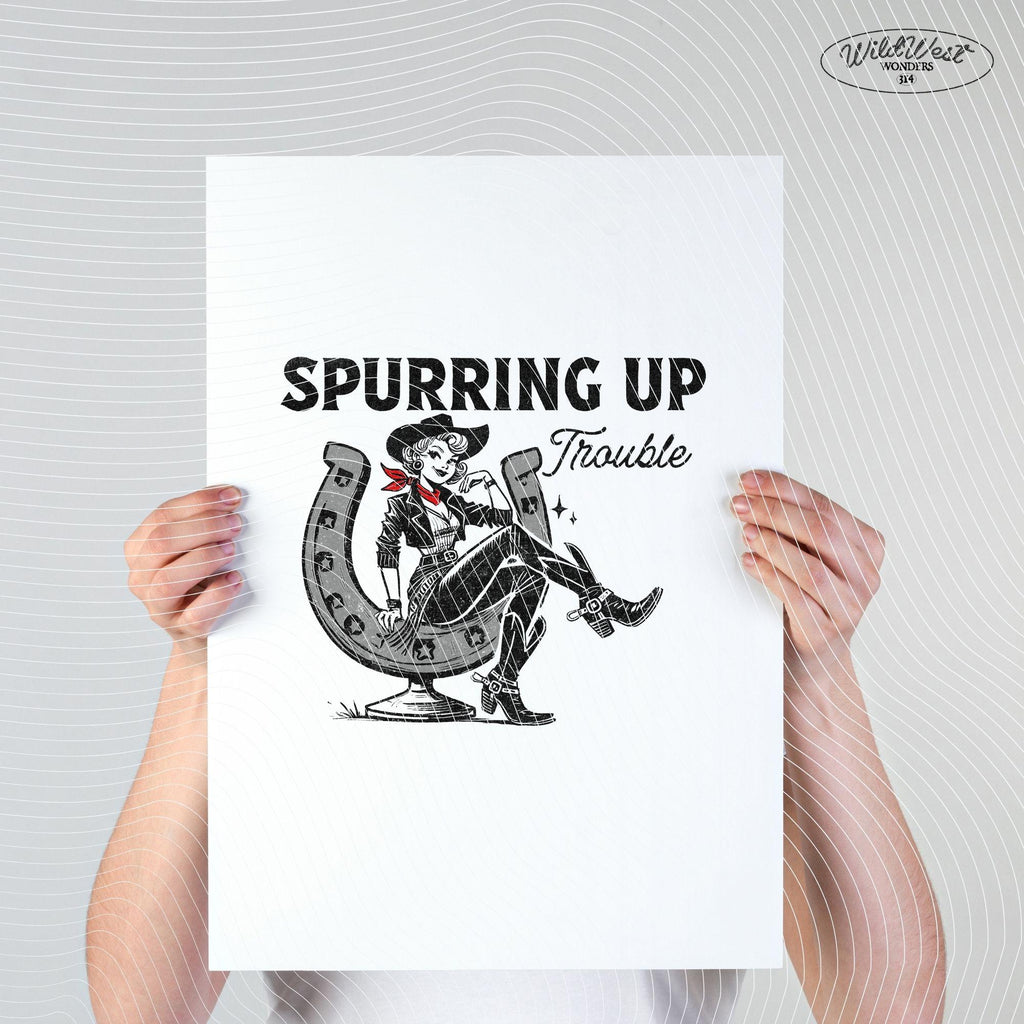 Spurring Up Trouble PNG Retro Cowgirl Horseshoe PNG, Trendy Vintage Comic, Gift for Her, Sublimation for Tees, Wall art, Stickers, Tote Bags